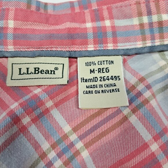 LL Bean Womens Flannel Shirt Scotch Plaid Peach Pink Blue Button Up Down Medium - Picture 6 of 8